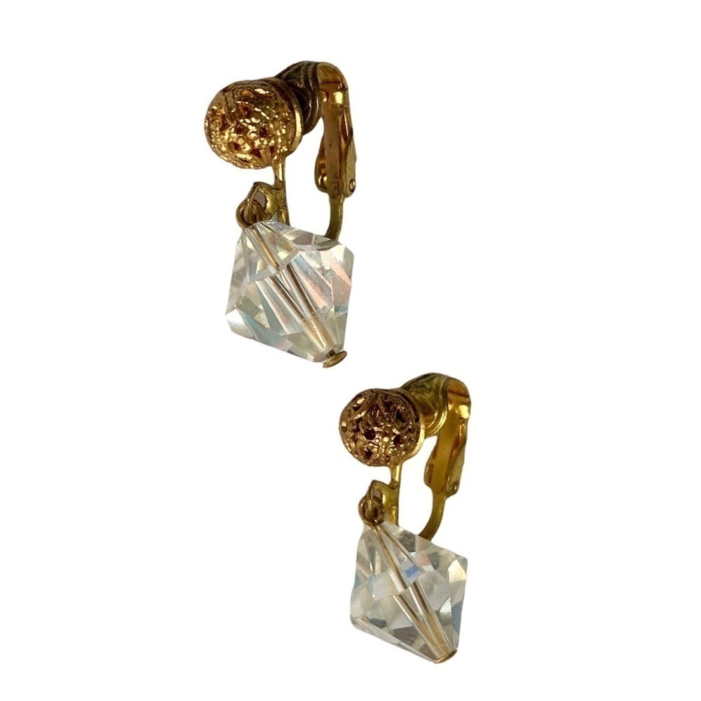 Vintage Aurora Borealis Crystal Drop Earrings Clip-On Gold Tone 50s 60s